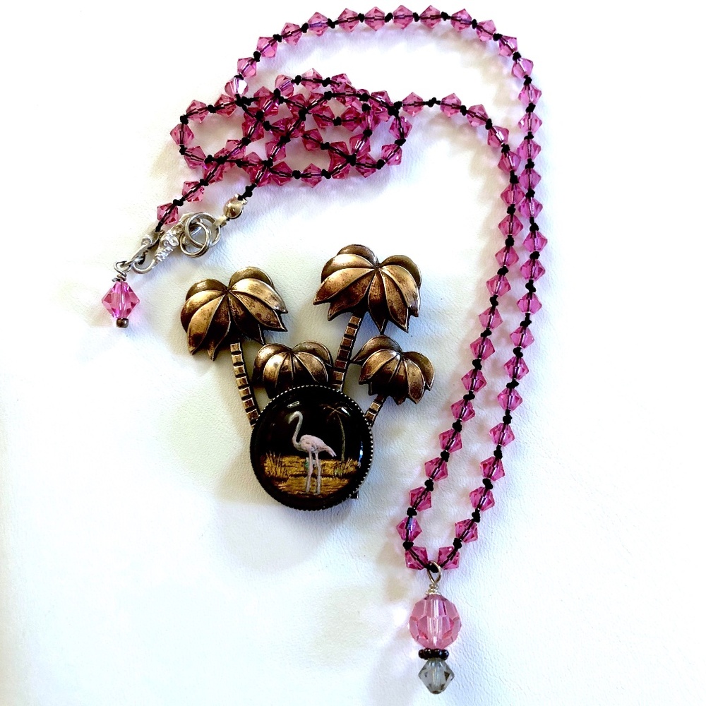 Vintage Pink Flamingo Pin with Beaded Necklace